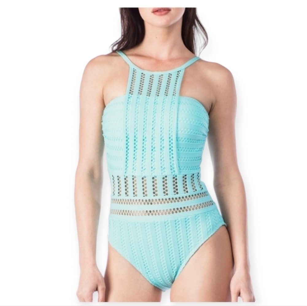Kenneth Cole Tough Luxe Crochet High-Neck One-Piece Swimsuit